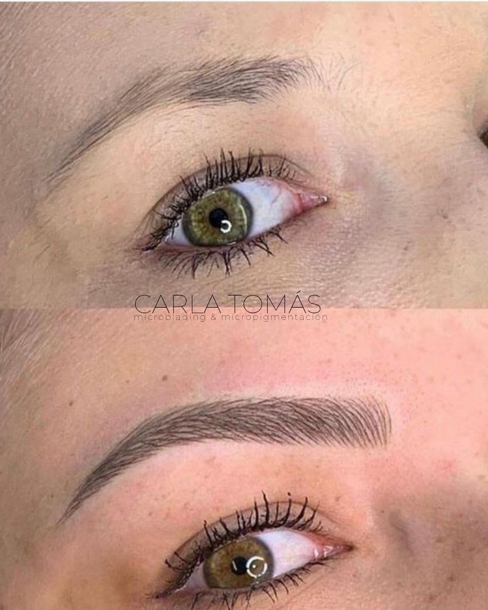 Antes y después de microblading de cejas pelo a pelo en Calamocha, caso real de Carla Tomás