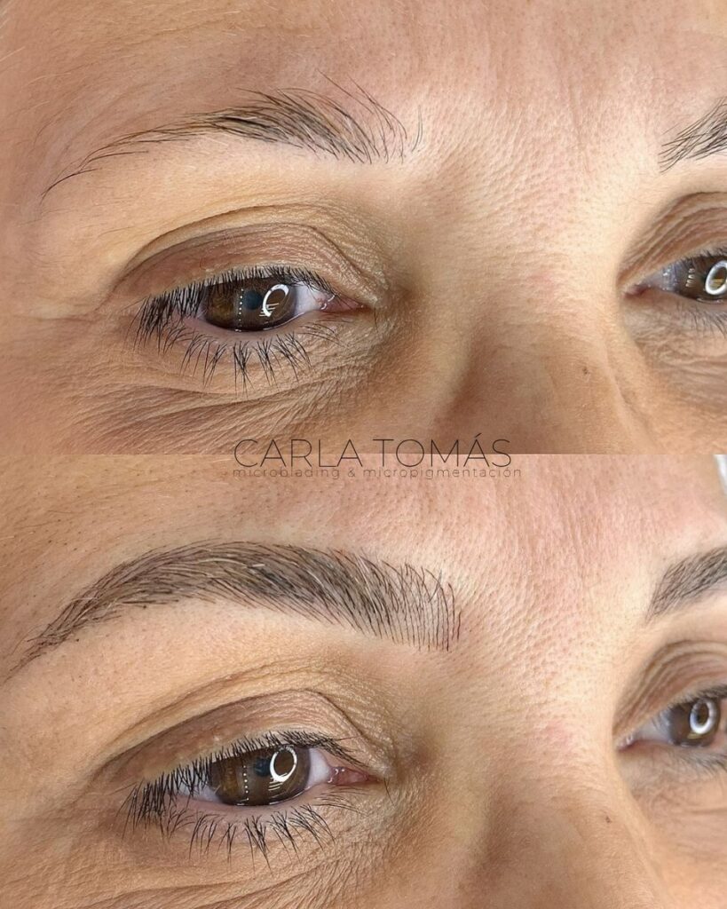 Microblading de cejas pelo a pelo en cejas escasas, antes y despues en Zaragoza, Carla Tomas