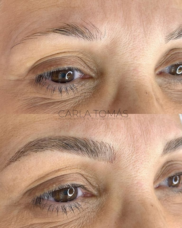 Microblading de cejas pelo a pelo en cejas escasas, antes y después en Daroca, Carla Tomás