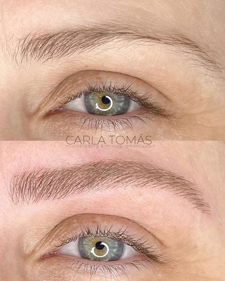 Diseño de cejas pelo a pelo con microblading en Daroca, antes y después, Carla Tomás