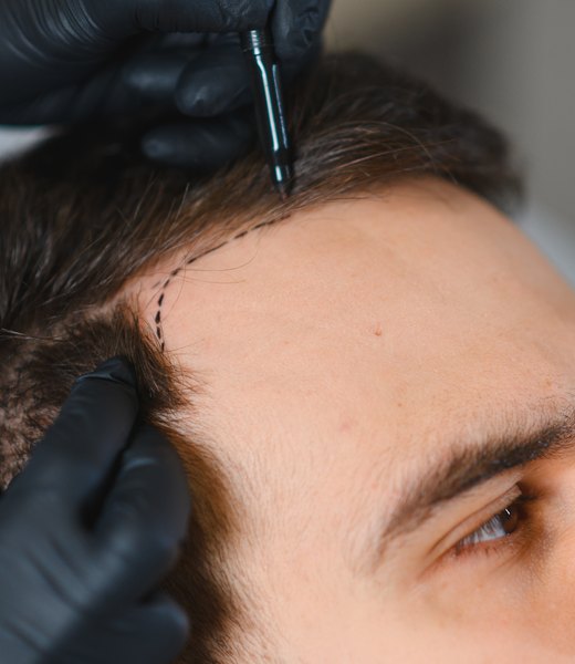 Diseño de la línea frontal con rotulador sobre la frente de un hombre, paso previo a la micropigmentación capilar