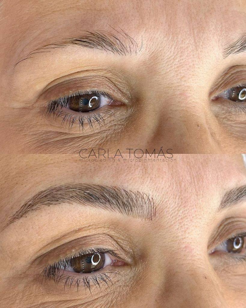 Microblading de cejas pelo a pelo en cejas escasas, antes y después en Zaragoza, Carla Tomás, micropigmentación cejas hombre Zaragoza